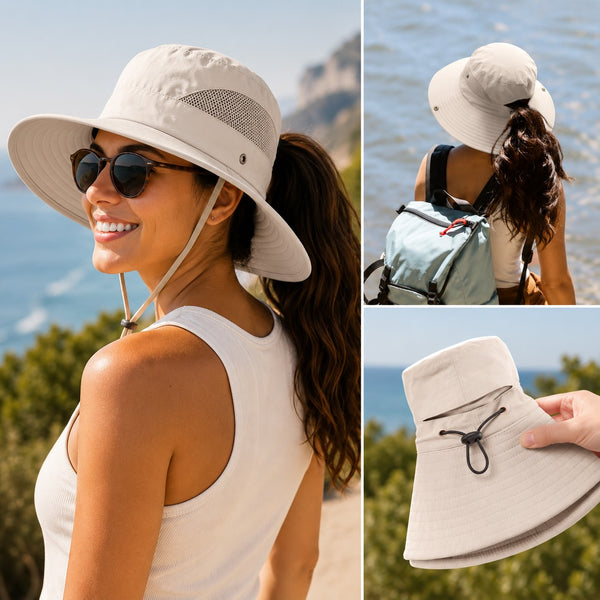 Wide brim sun hat with ponytail hole worn outdoors