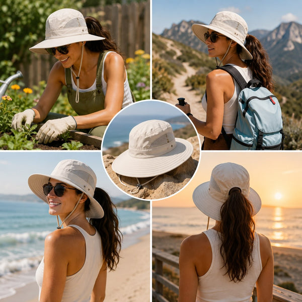 Woman wearing wide brim sun hat while hiking