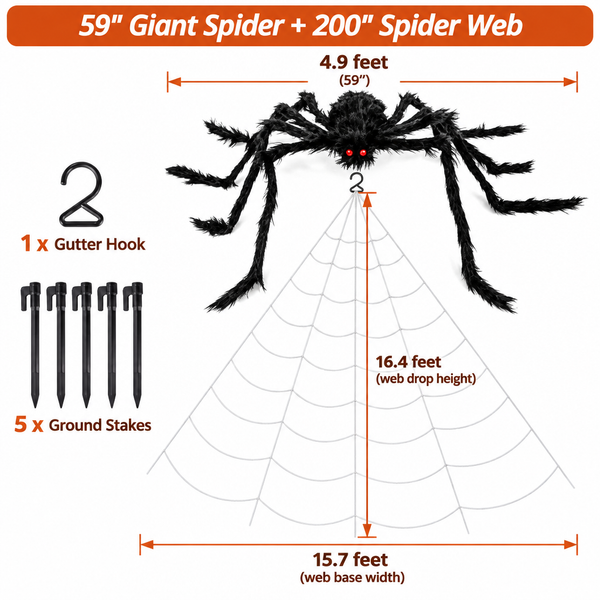Dimensions of the 59 inch giant spider and 200 inch web with included stakes and gutter hook