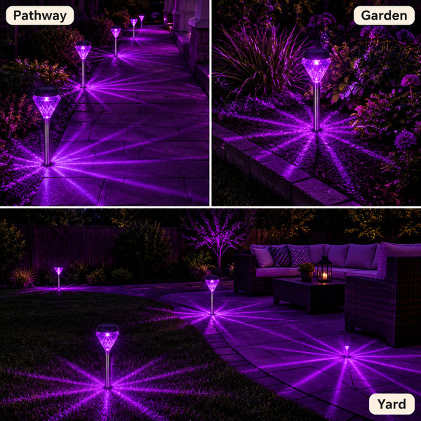 Solar starburst lights lighting a pathway, garden bed and back yard at night