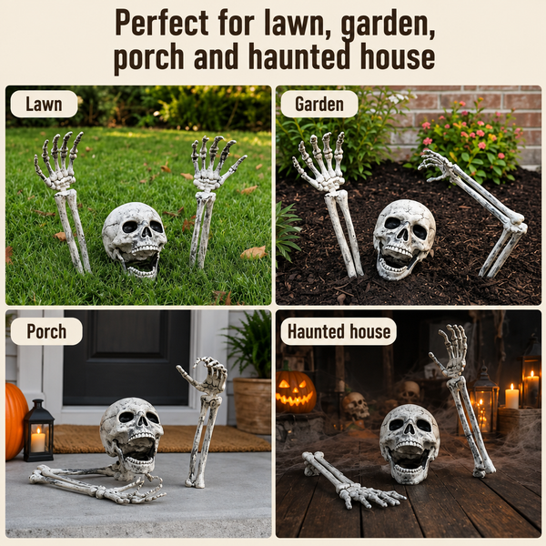 Staged on a lawn, in a garden bed, on a porch and in a haunted house scene