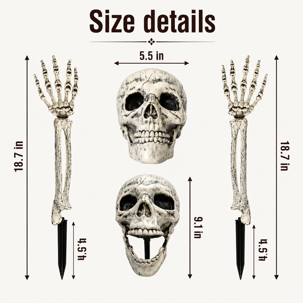 Size details: 18.7 inch arm stakes with 4.5 inch spikes and a 5.5 by 9.1 inch skull