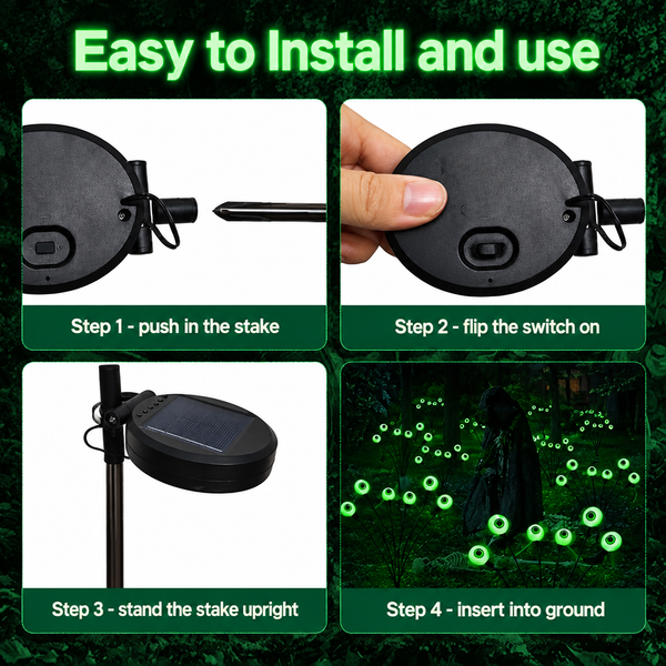 Two-step setup: push in the stake and flip the switch on