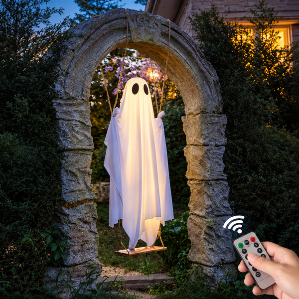 The swing ghost under a garden arch, controlled by the wireless remote