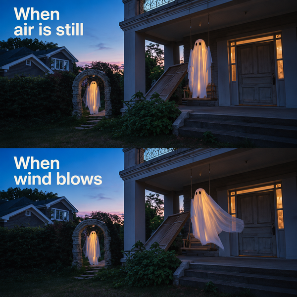 The ghost hanging still and then swinging when the wind blows