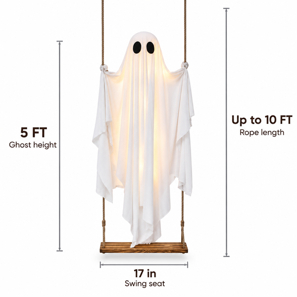 Dimensions: 5 ft ghost height, rope up to 10 ft, 17 inch swing seat