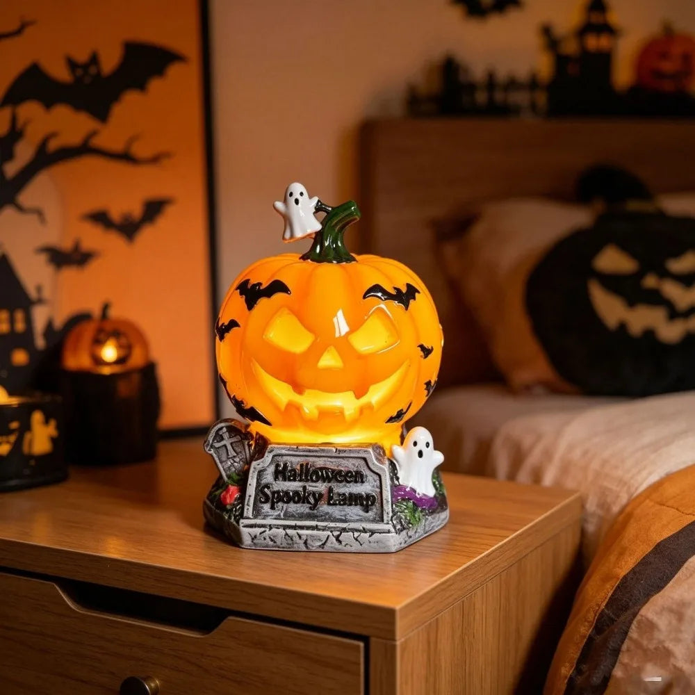 Pumpkin ghost Halloween lamp on bedside table